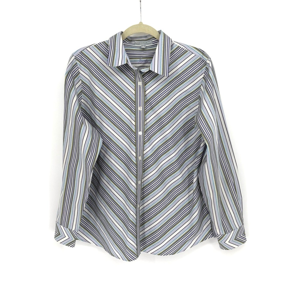 Foxcroft Wrinkle Free Shaped Fit Button Up Shirt Diagonal Multi Stripe Sz 14